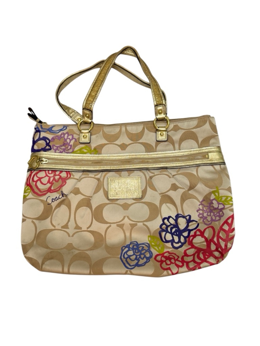 Coach Poppy Daisy Signature Applique Glam Tote Bag Purse #F20794 Gold Accents
